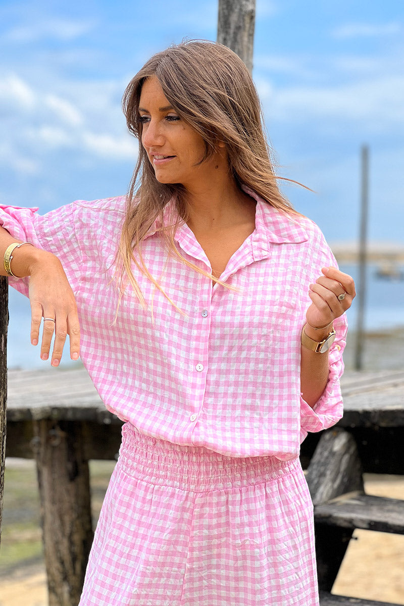 Chemise rose large manches 3/4 imprimé vichy