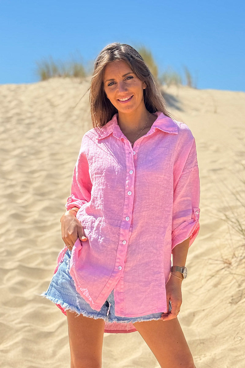 Chemise rose en lin boutons nacres