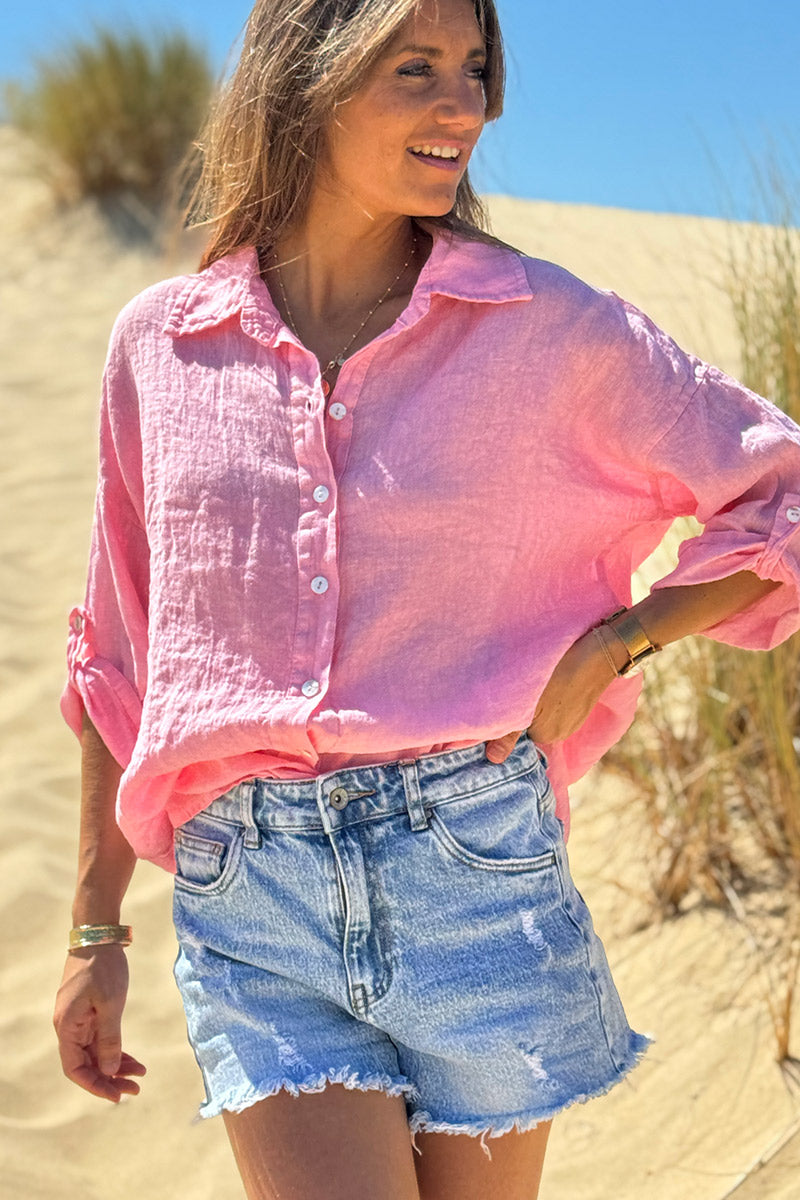 Chemise rose en lin boutons nacres