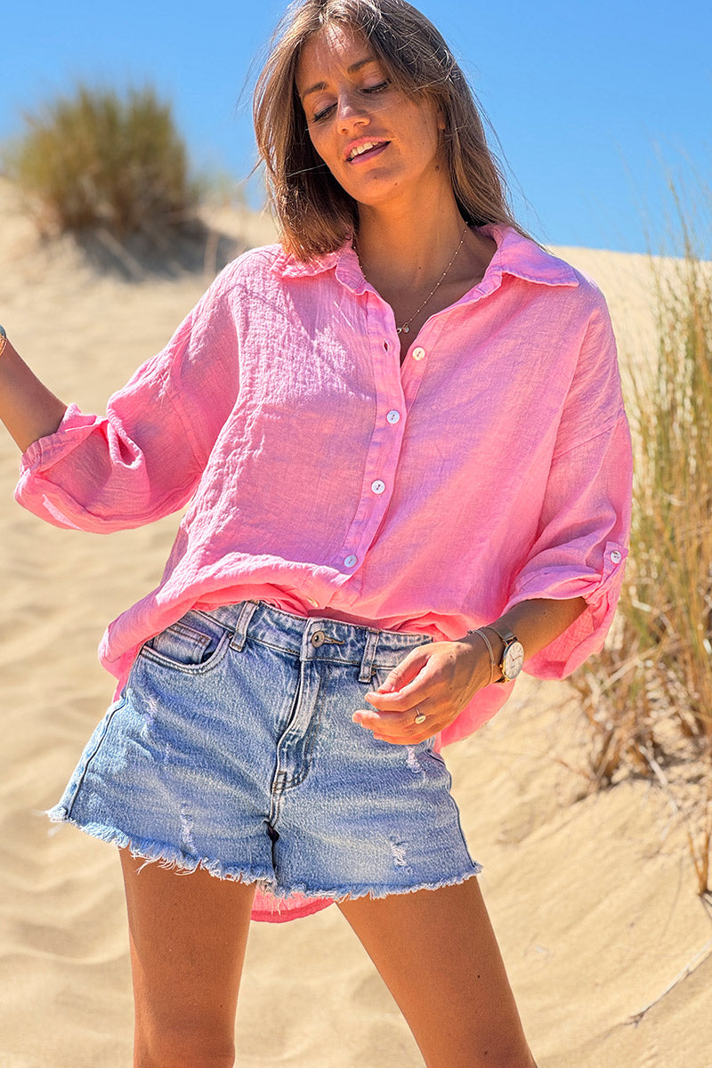 Chemise rose en lin boutons nacres