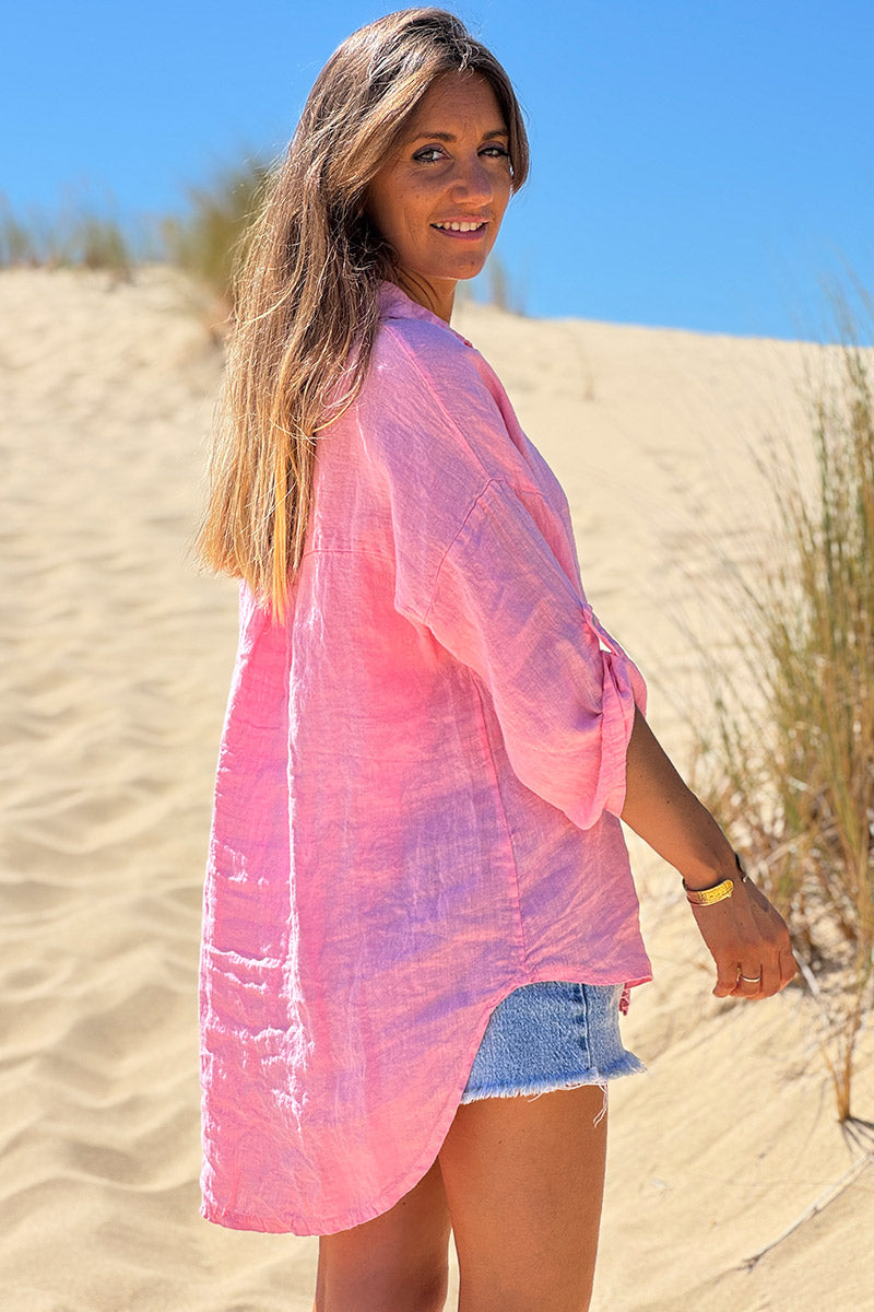 Chemise rose en lin boutons nacres