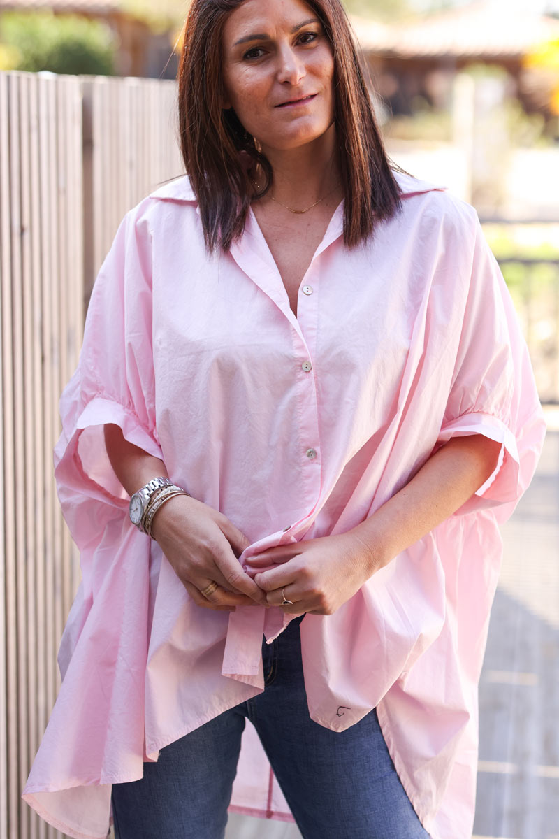Chemise rose large en coton petites manches chauve souris