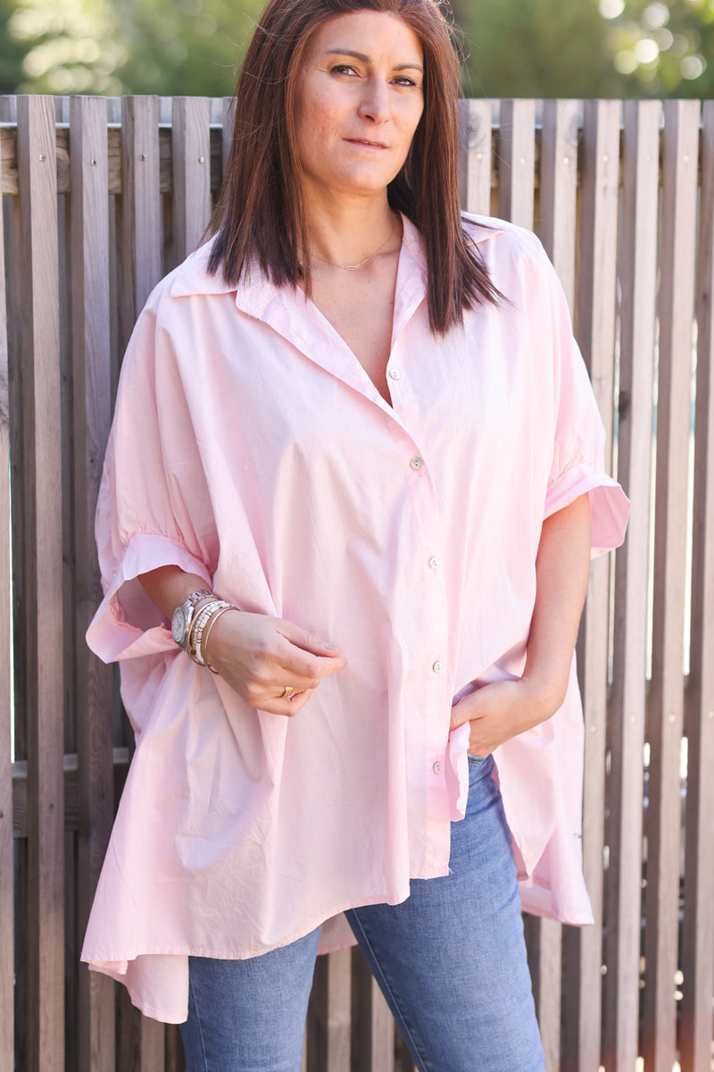 Chemise rose large en coton petites manches chauve souris