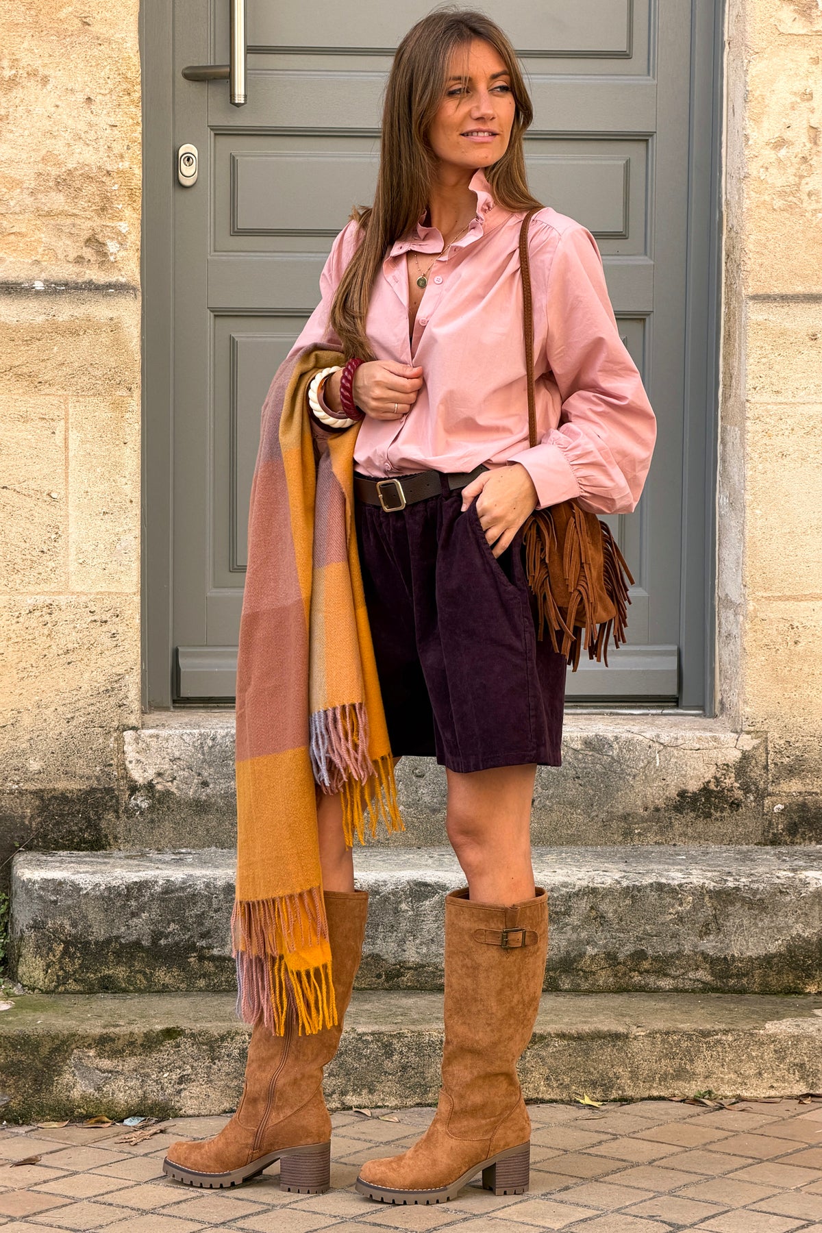 Blush Pink Ruffled Collar Button-Down Blouse