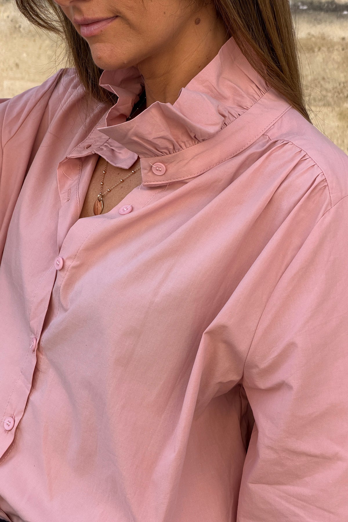 Blush Pink Ruffled Collar Button-Down Blouse
