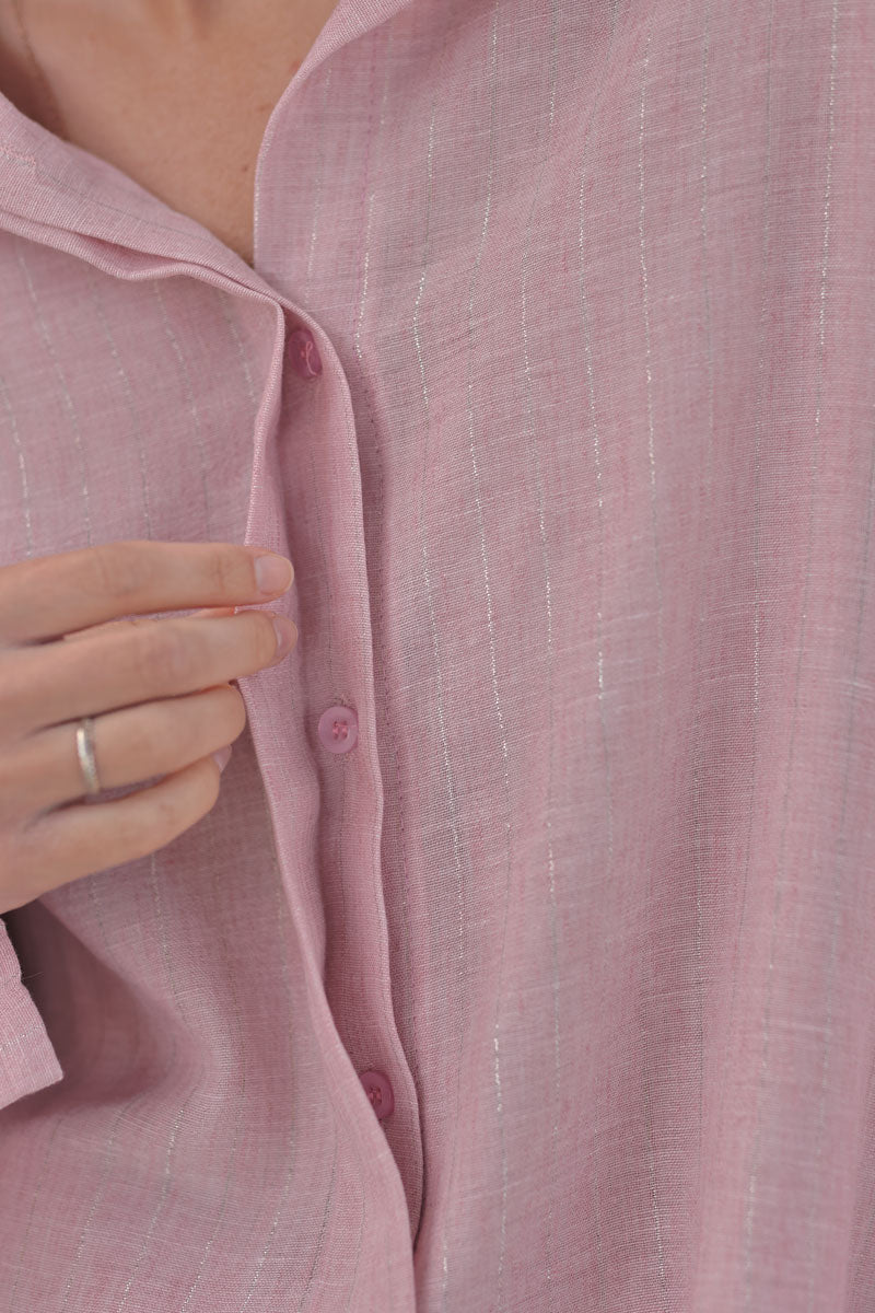 Light Pink Linen Blend Button-Down Blouse
