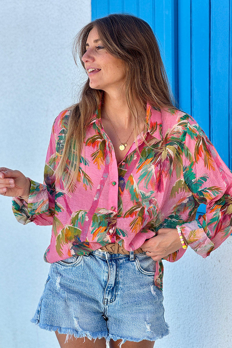 Pink Palms Poplin Blouse