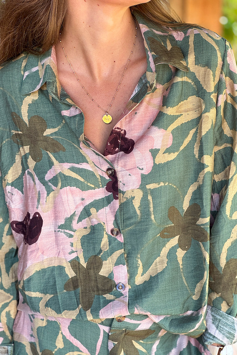 Green Sophisticated Floral Viscose Button-Down Blouse