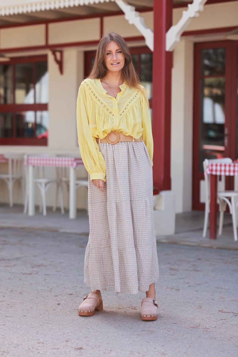 Chemise tunique jaune en voile de coton détail broderie