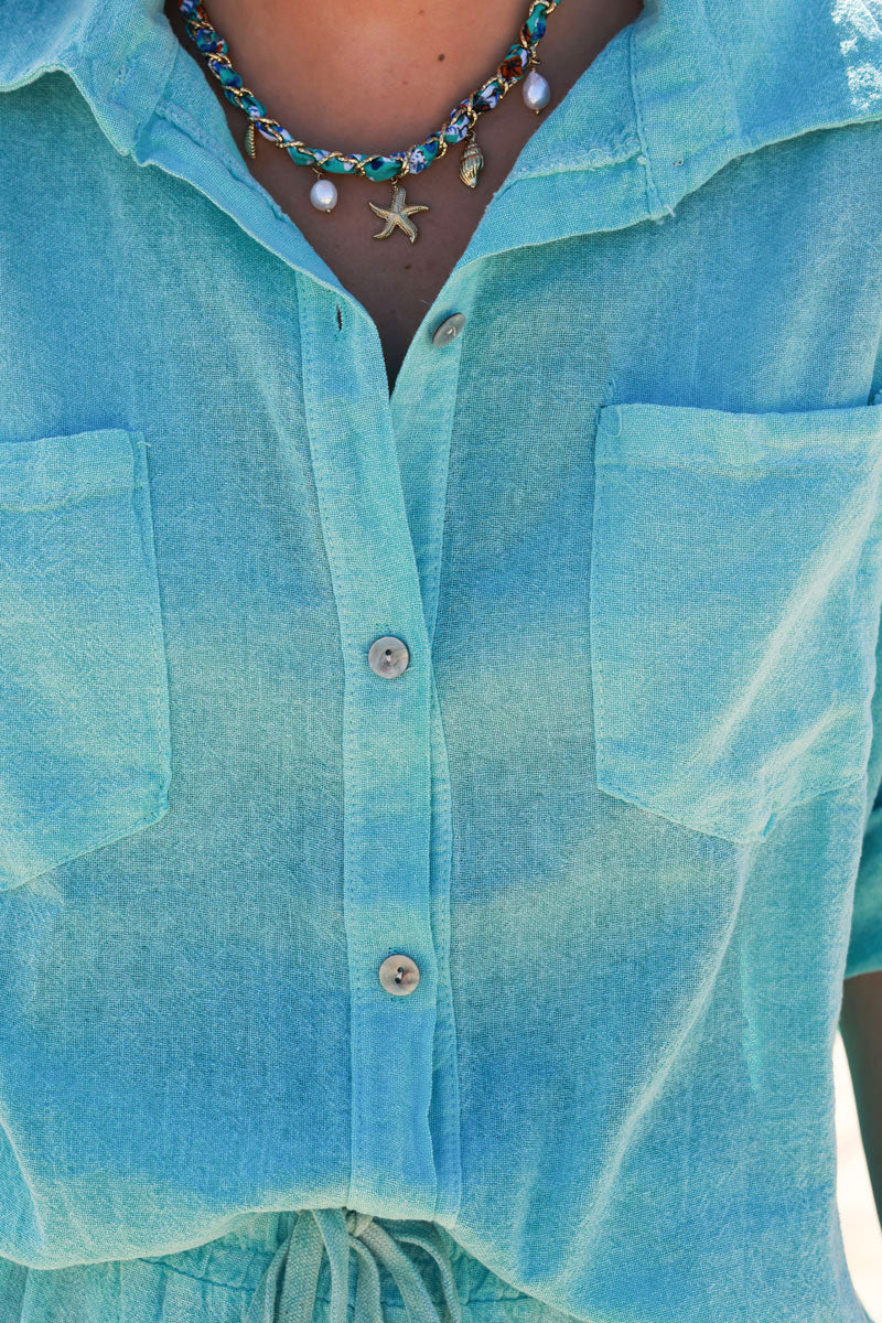 Chemise turquoise délavé souple en coton manches 3/4 et grandes poches