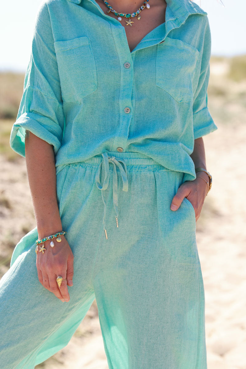 Chemise turquoise délavé souple en coton manches 3/4 et grandes poches