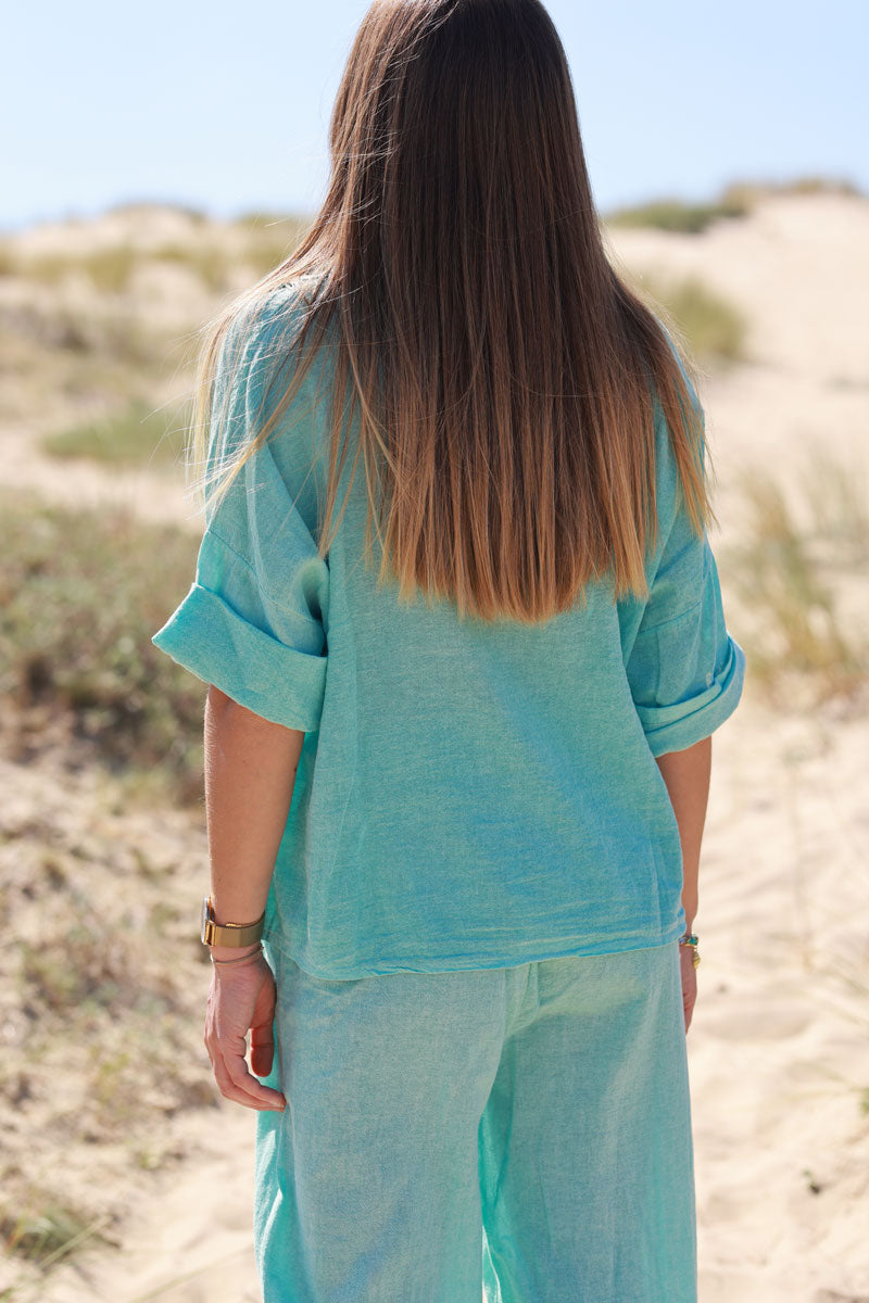 Chemise turquoise délavé souple en coton manches 3/4 et grandes poches