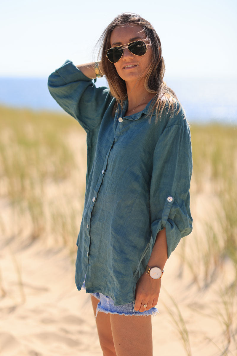 Chemise vert céladon en lin boutons nacrés