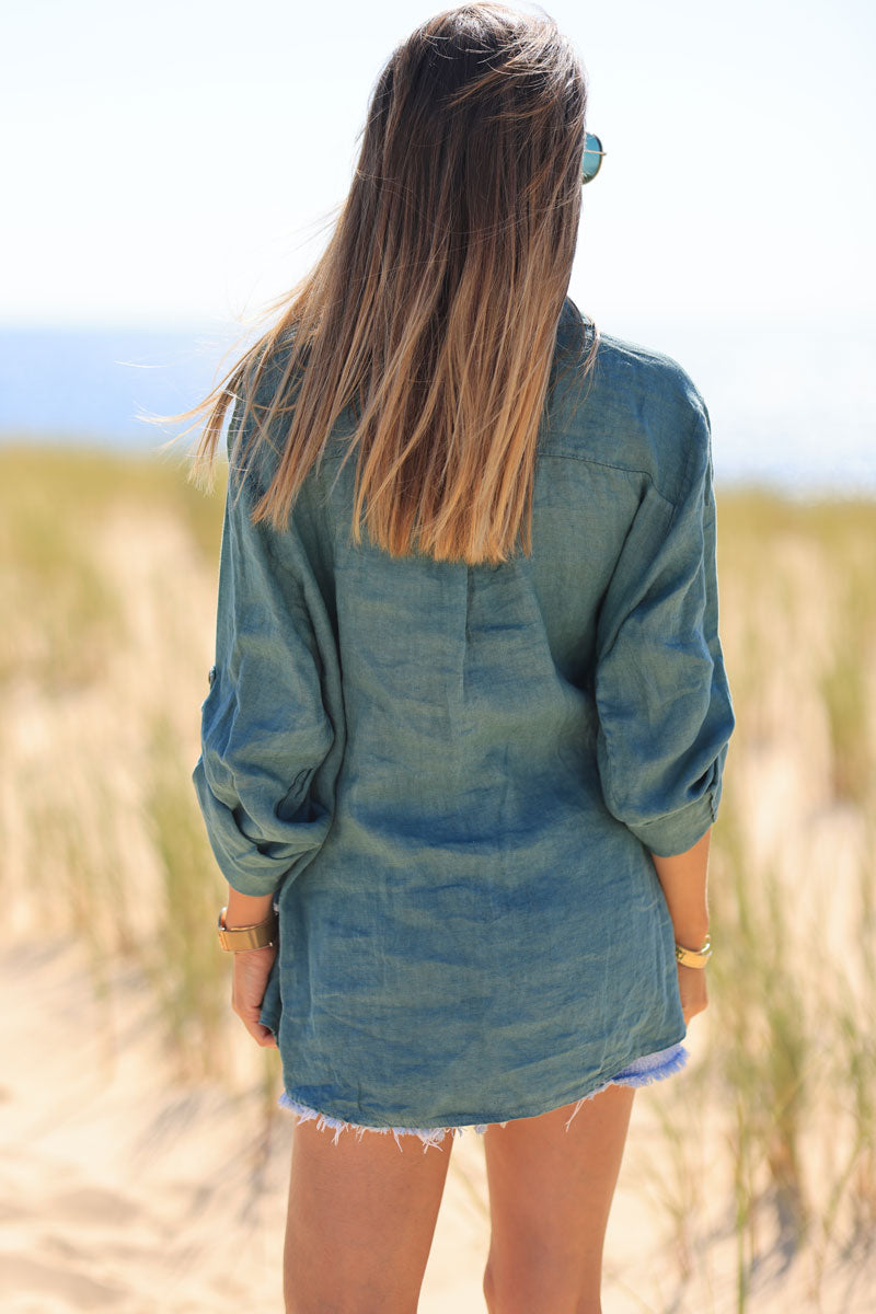 Chemise vert céladon en lin boutons nacrés