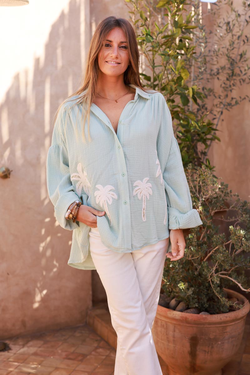 Water Green Cotton Gauze Textured Palm Blouse