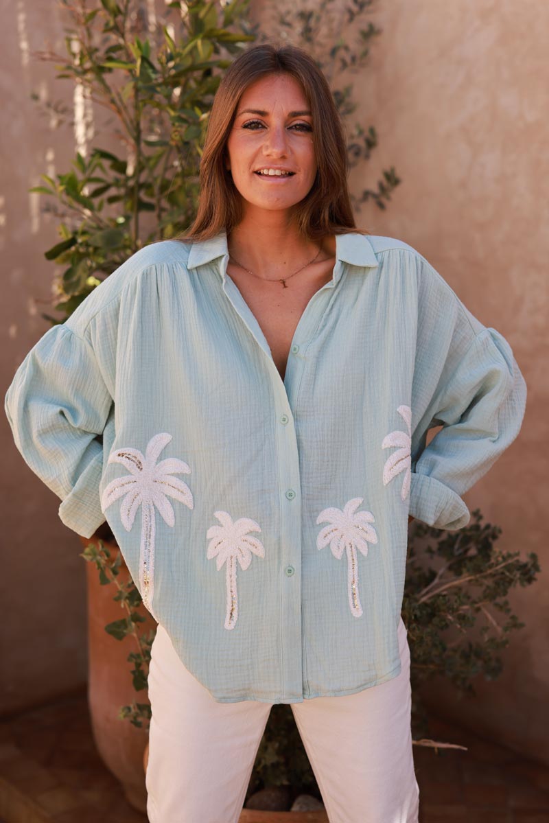 Water Green Cotton Gauze Textured Palm Blouse
