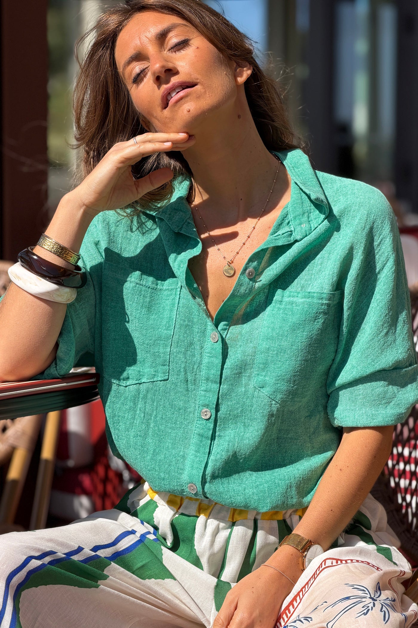 Green Soft Cotton Blouse with 3/4 sleeves and large Pockets