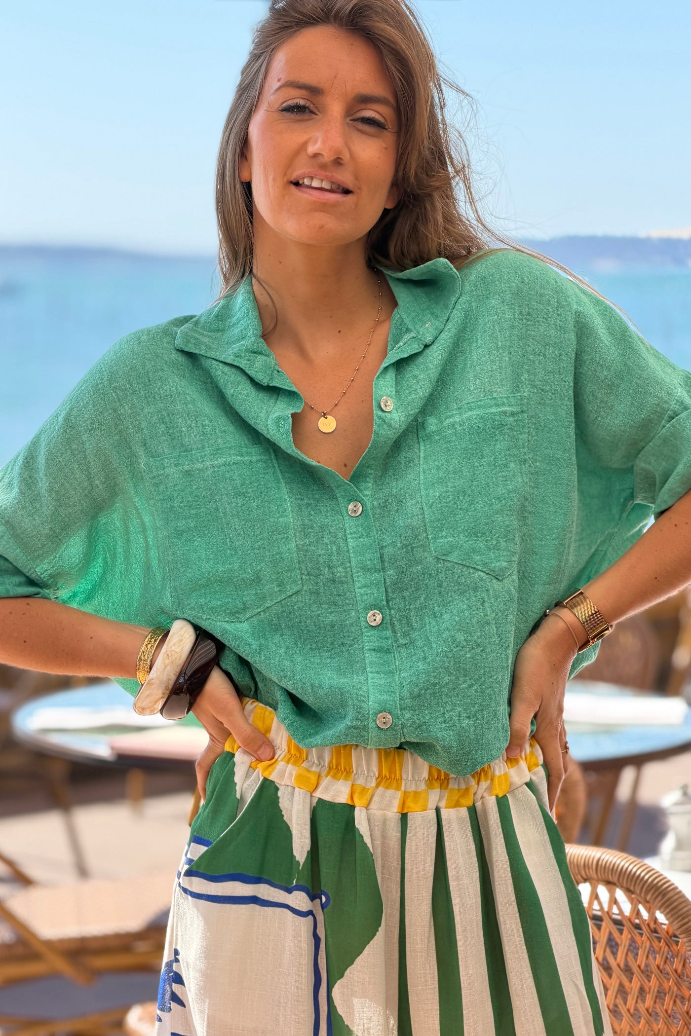 Green Soft Cotton Blouse with 3/4 sleeves and large Pockets