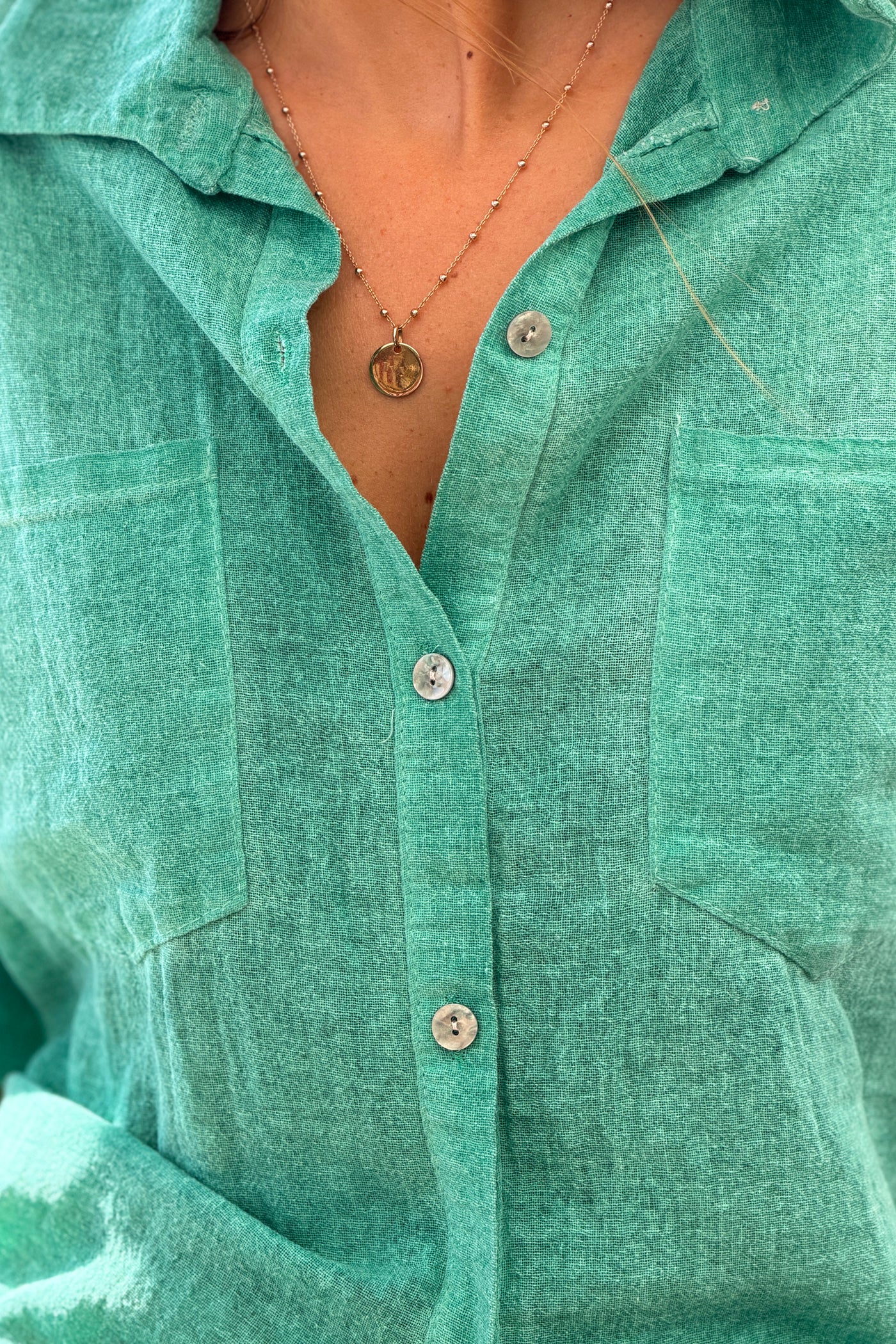 Green Soft Cotton Blouse with 3/4 sleeves and large Pockets