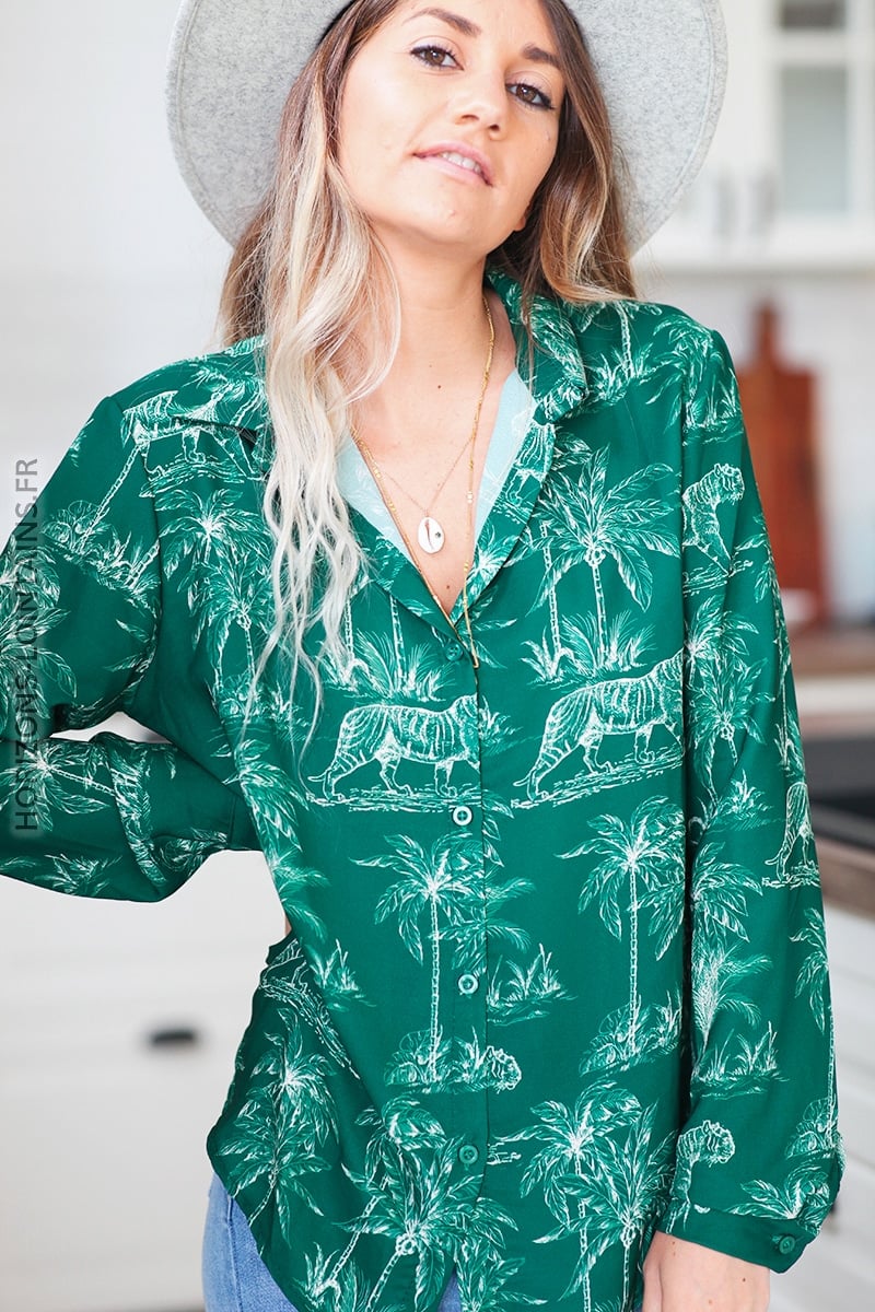 Chemise verte motifs jungle D167 (1)