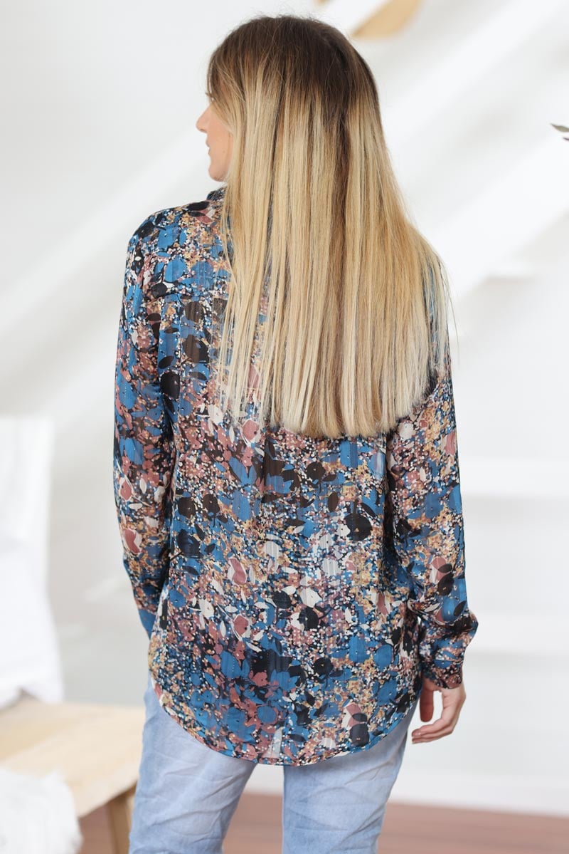 Chemise voilage bleu petrole imprime floral et lisere dore g016 (1)