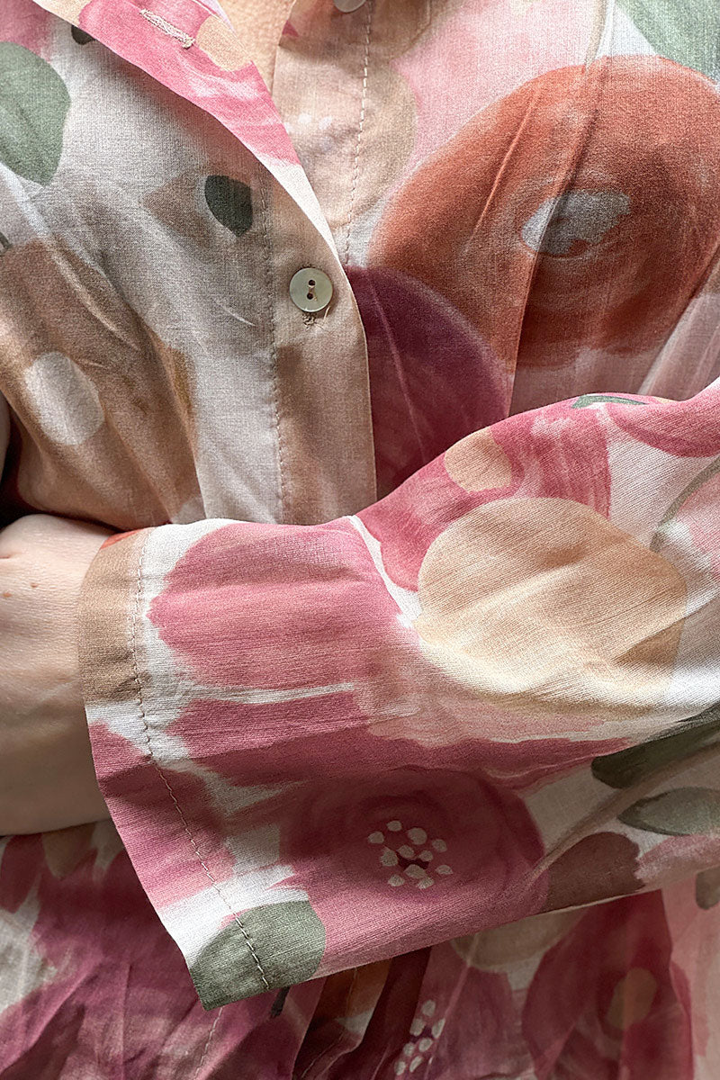 Chemise voile de coton imprime fleurs peinture aquarelle tons roses