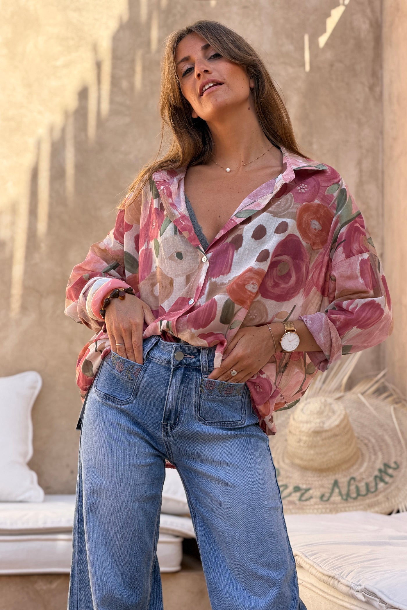 Chemise voile de coton imprime fleurs peinture aquarelle tons roses