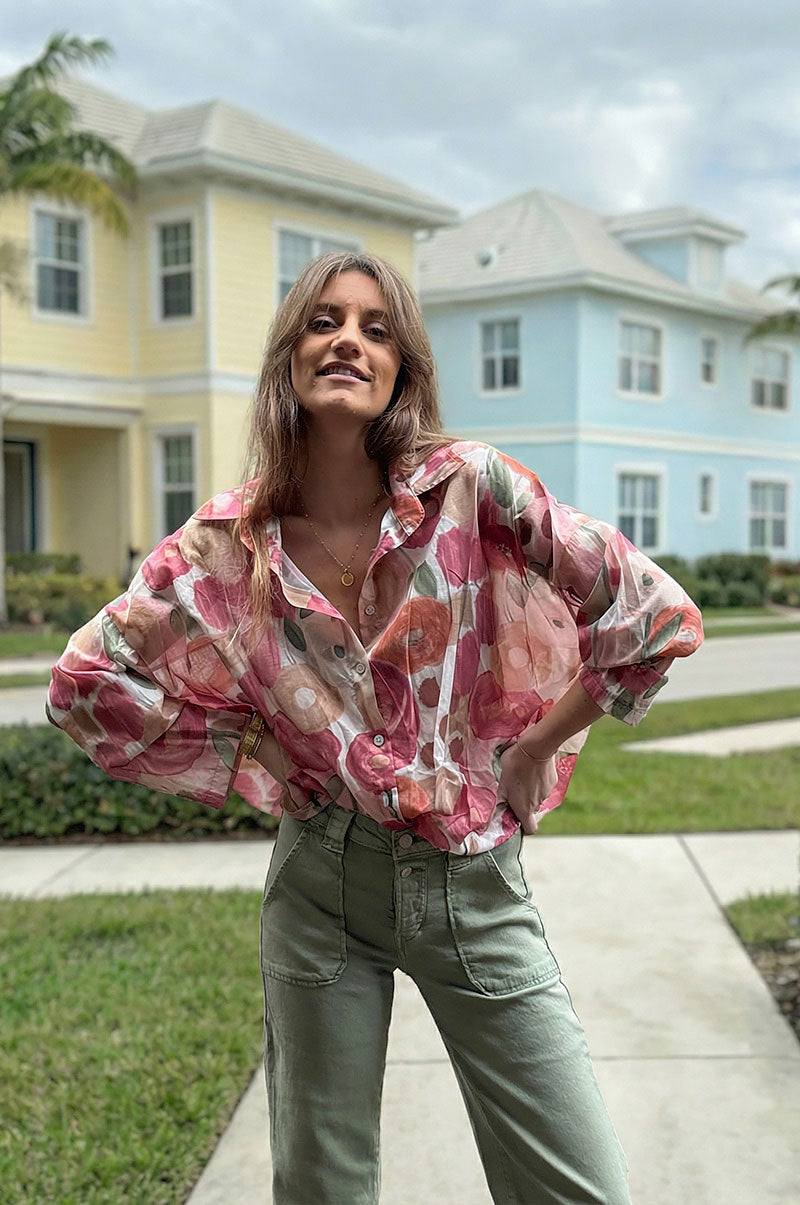 Chemise voile de coton imprime fleurs peinture aquarelle tons roses