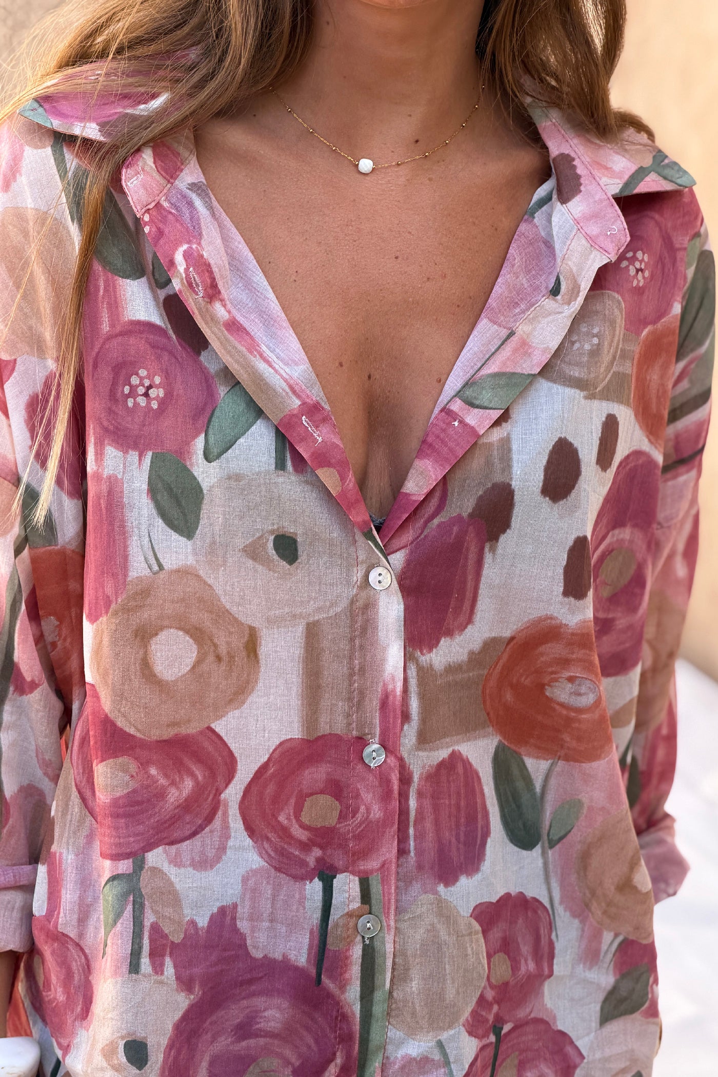 Chemise voile de coton imprime fleurs peinture aquarelle tons roses