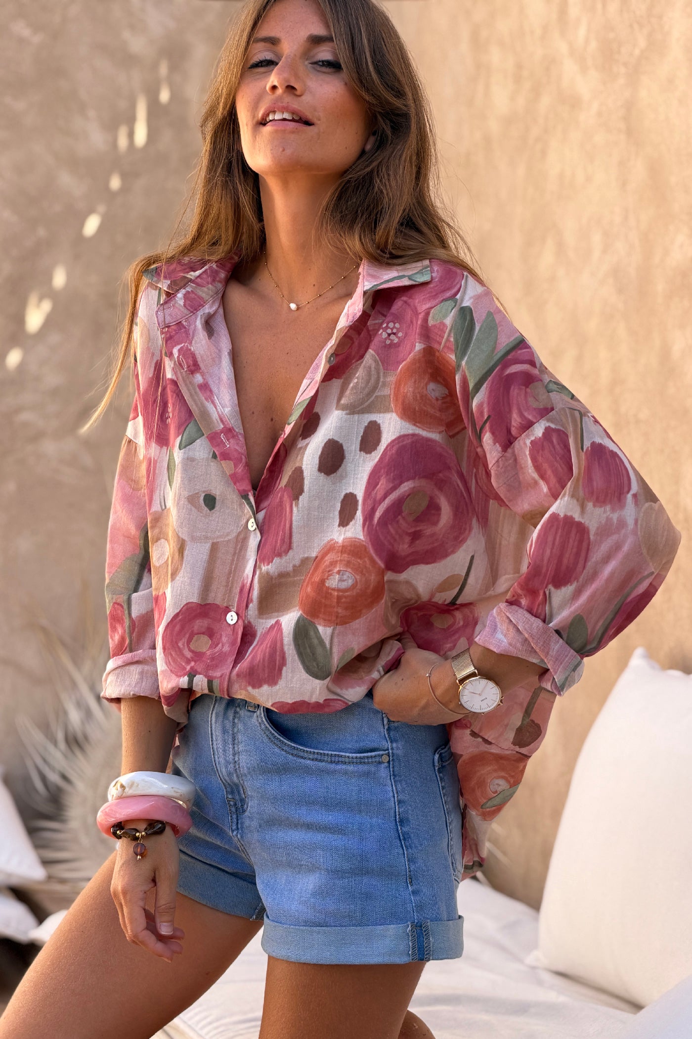 Chemise voile de coton imprime fleurs peinture aquarelle tons roses