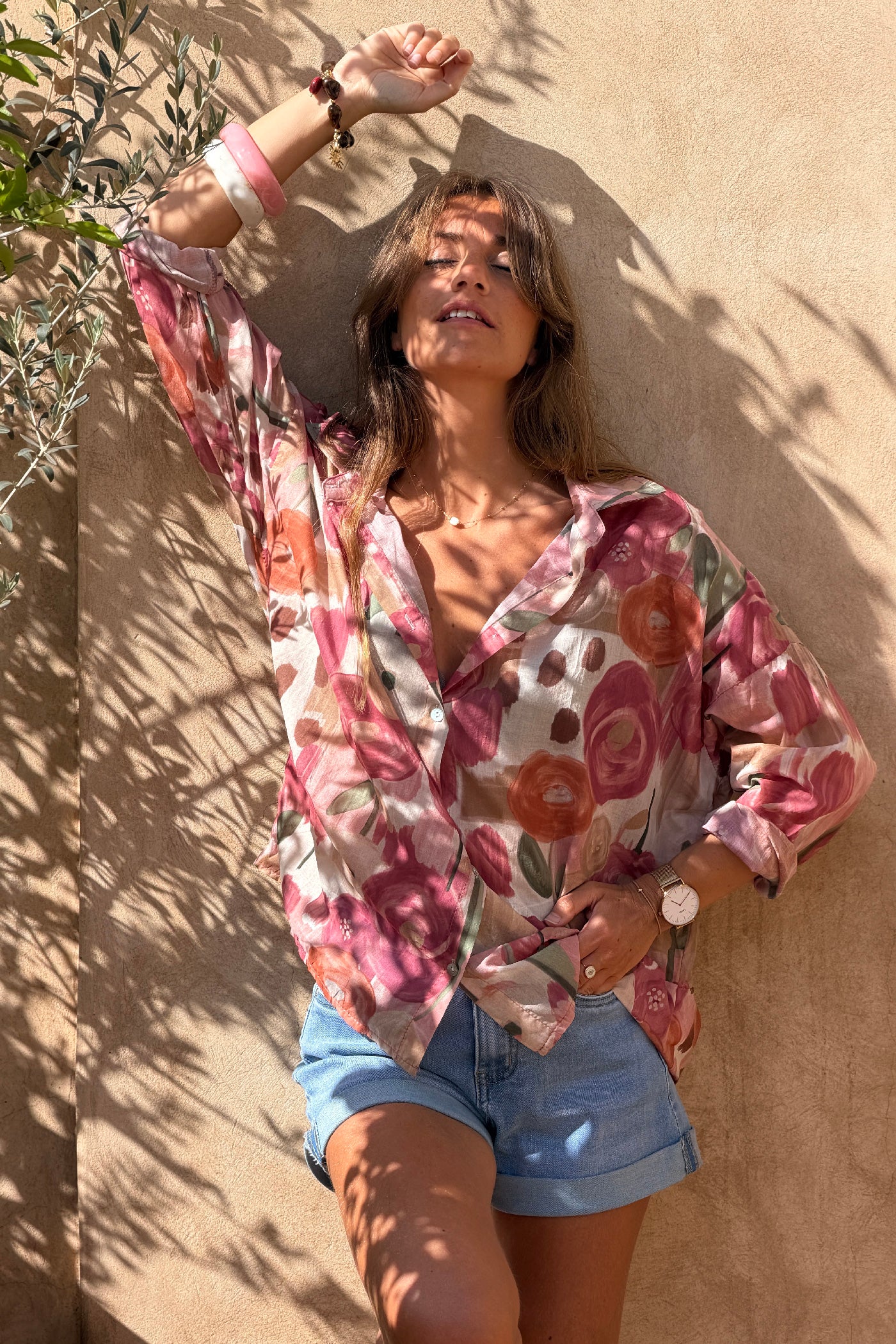 Chemise voile de coton imprime fleurs peinture aquarelle tons roses