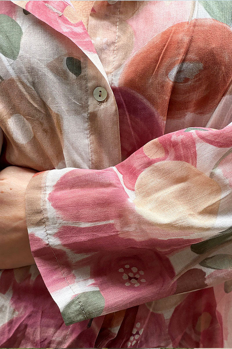 Chemise voile de coton imprime fleurs peinture aquarelle tons roses