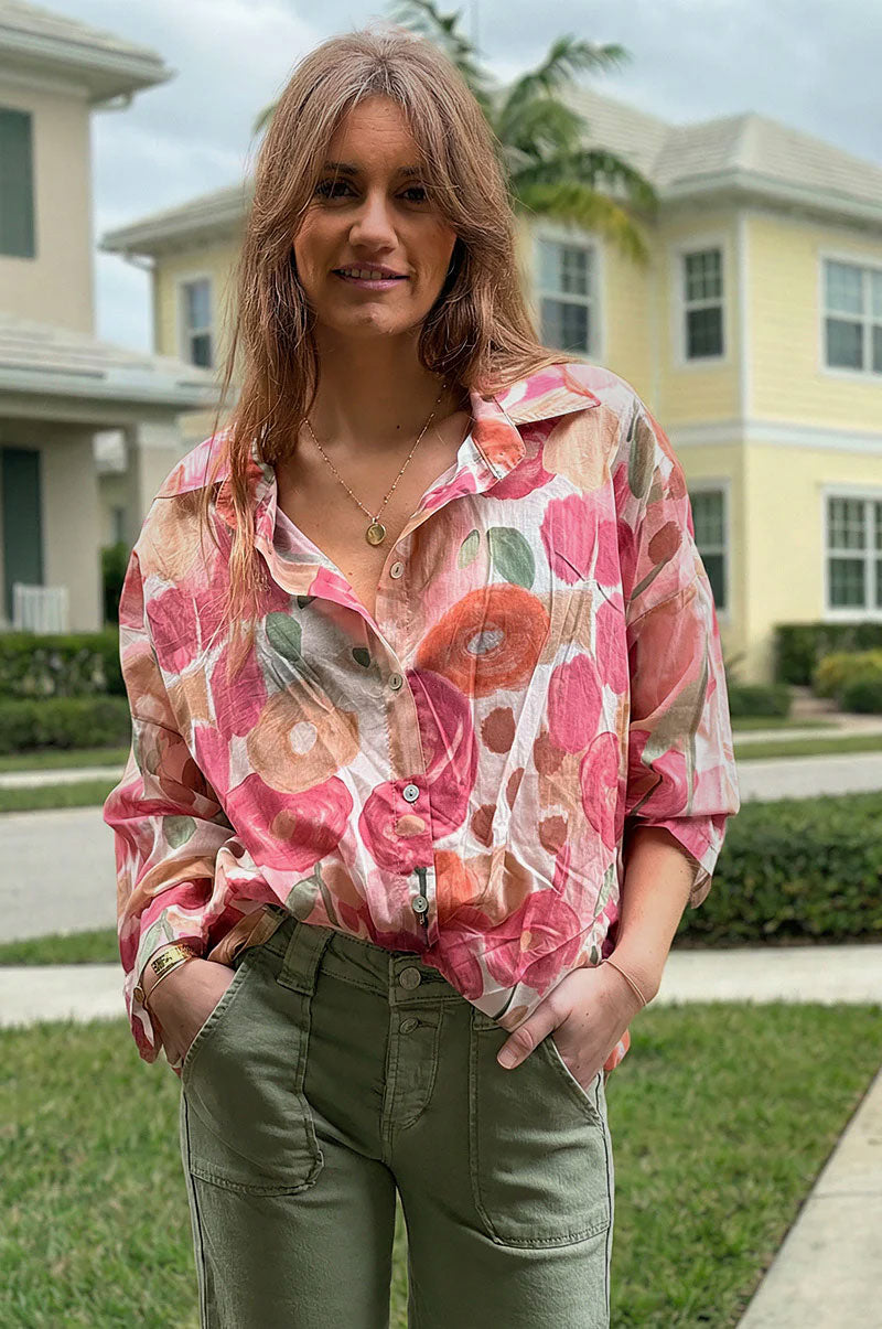 Chemise voile de coton imprime fleurs peinture aquarelle tons roses