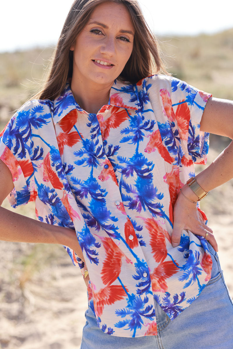 Cream Neon Palm Print Hawaiian Style Shirt