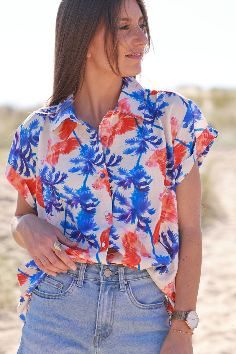 Cream Neon Palm Print Hawaiian Style Shirt