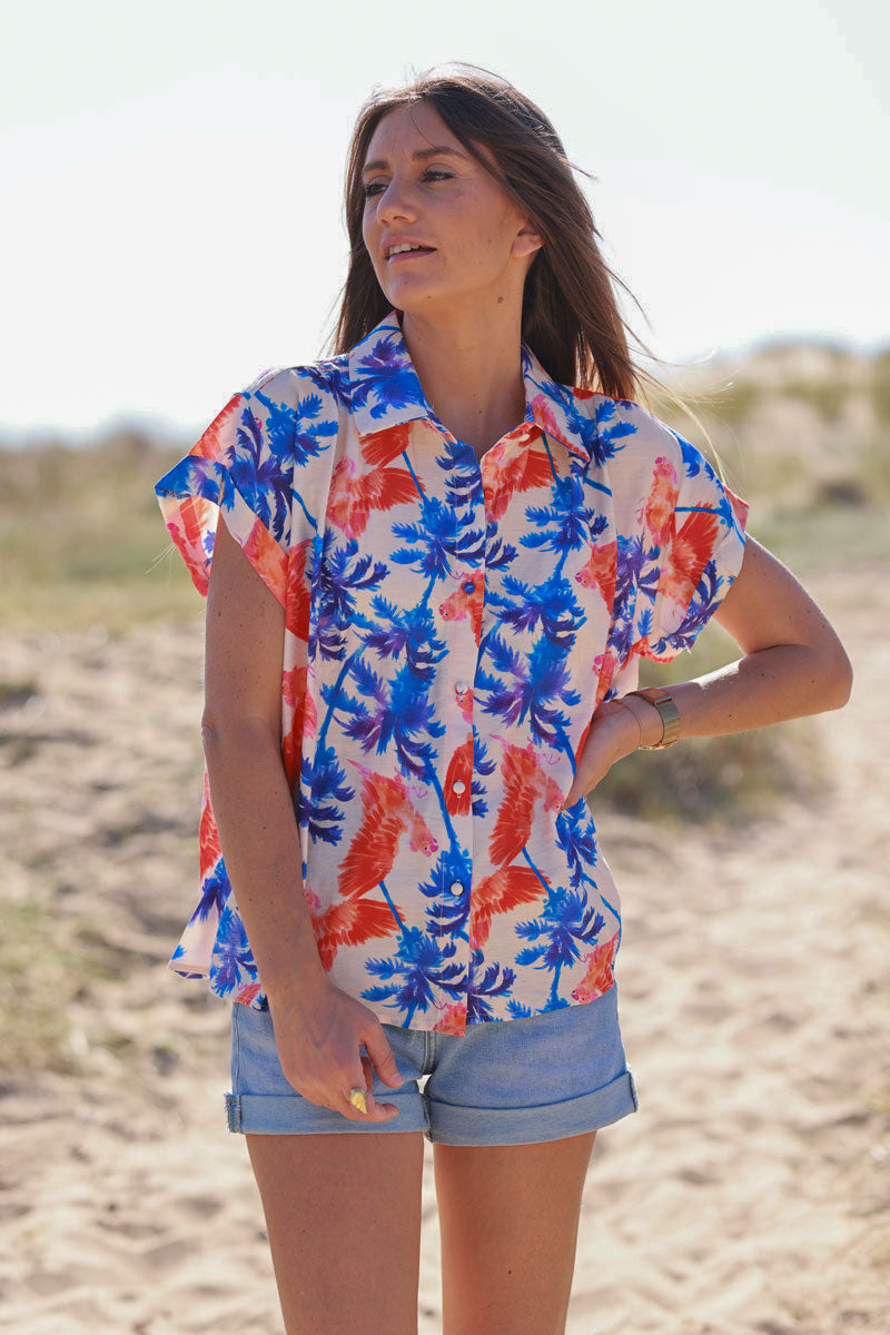 Cream Neon Palm Print Hawaiian Style Shirt