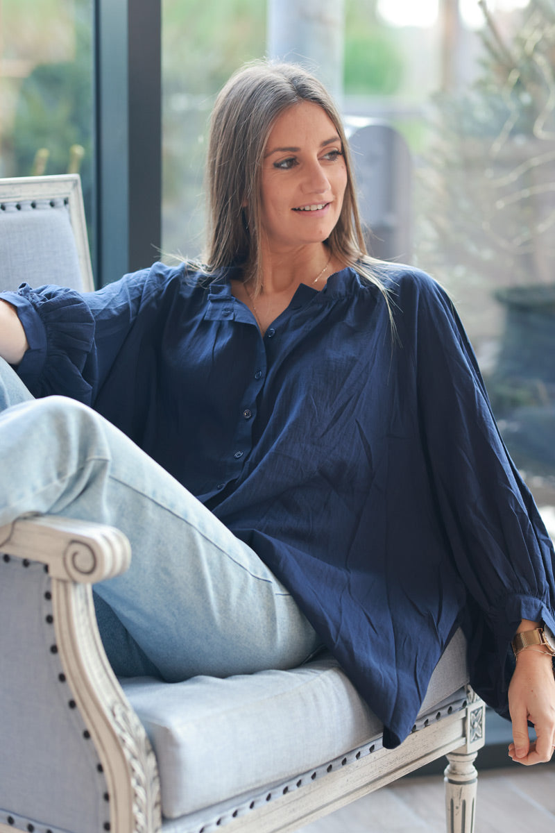 Navy Blue Cotton Button Down Peasant Blouse Horizons Lointains