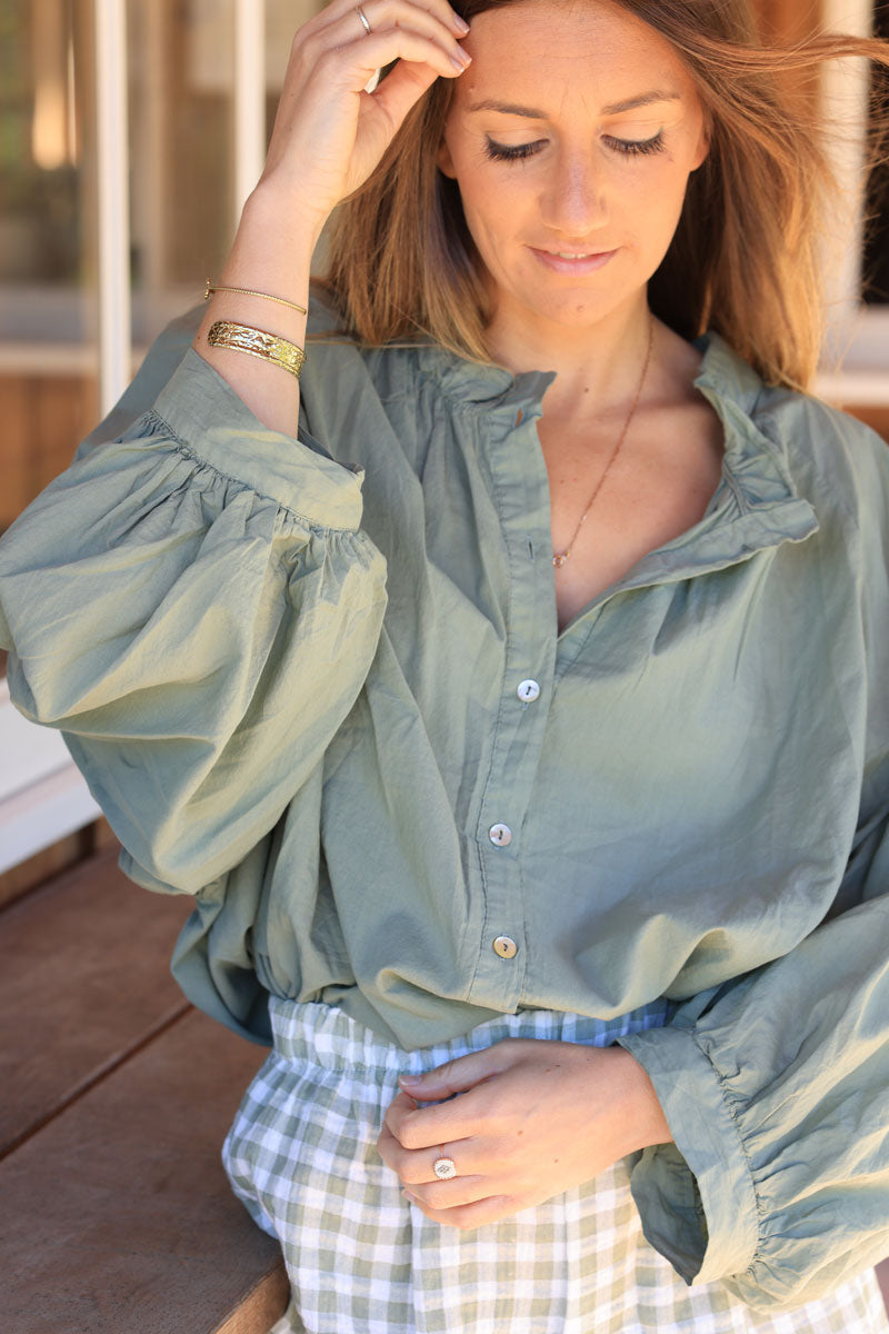 Khaki floaty cotton shirt with frilled collar