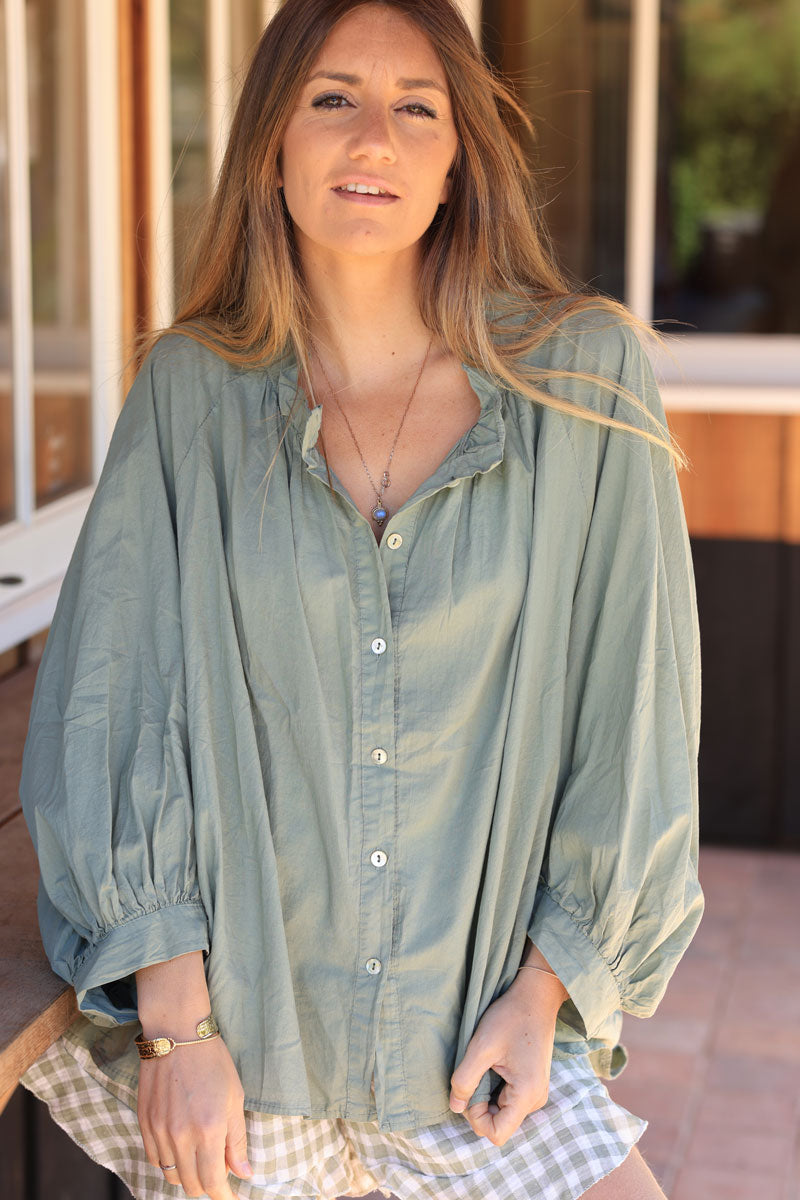 Khaki floaty cotton shirt with frilled collar