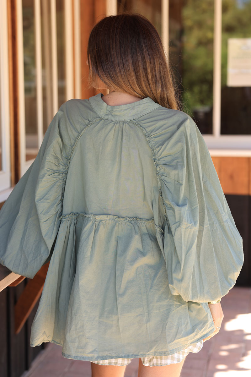 Khaki floaty cotton shirt with frilled collar