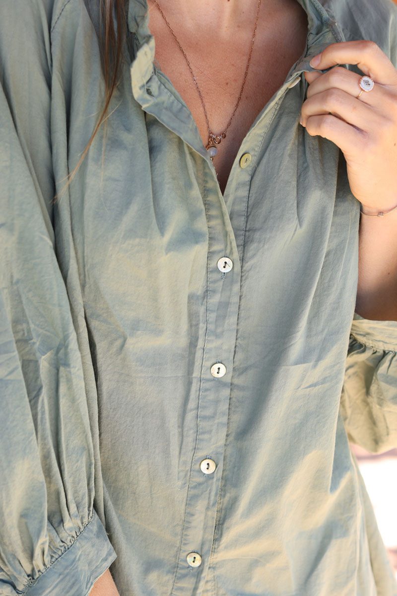 Khaki floaty cotton shirt with frilled collar