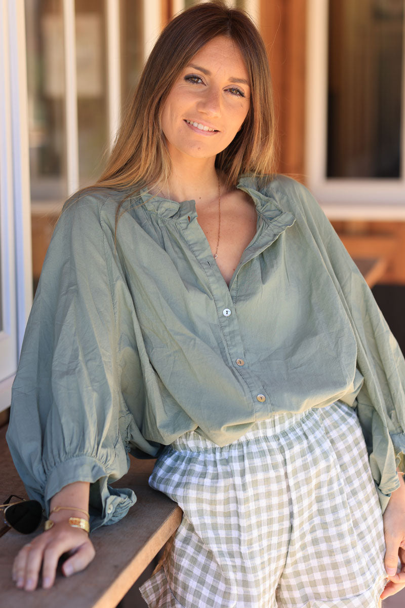 Khaki floaty cotton shirt with frilled collar