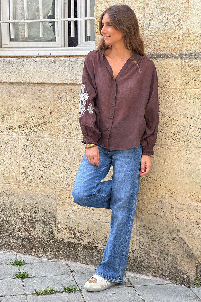 Chocolate Embroidered Gauze Peasant Blouse