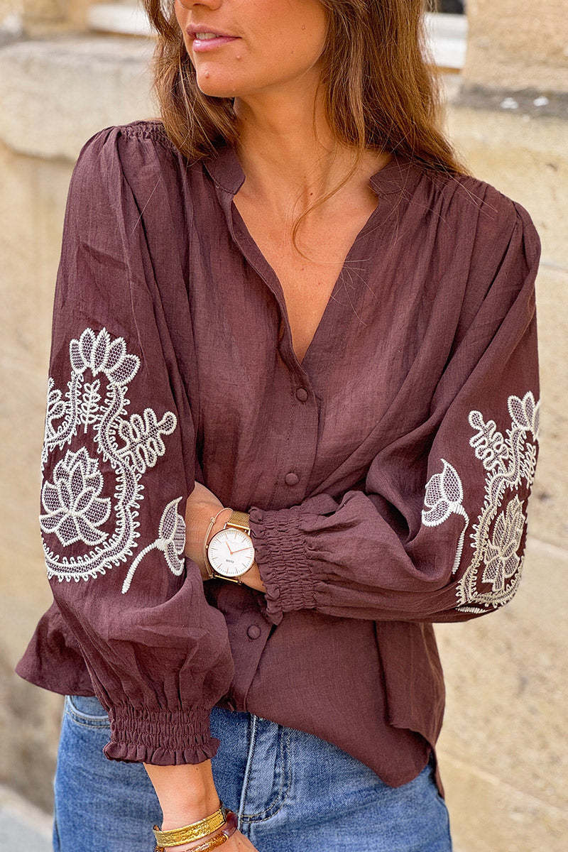 Chocolate Embroidered Gauze Peasant Blouse