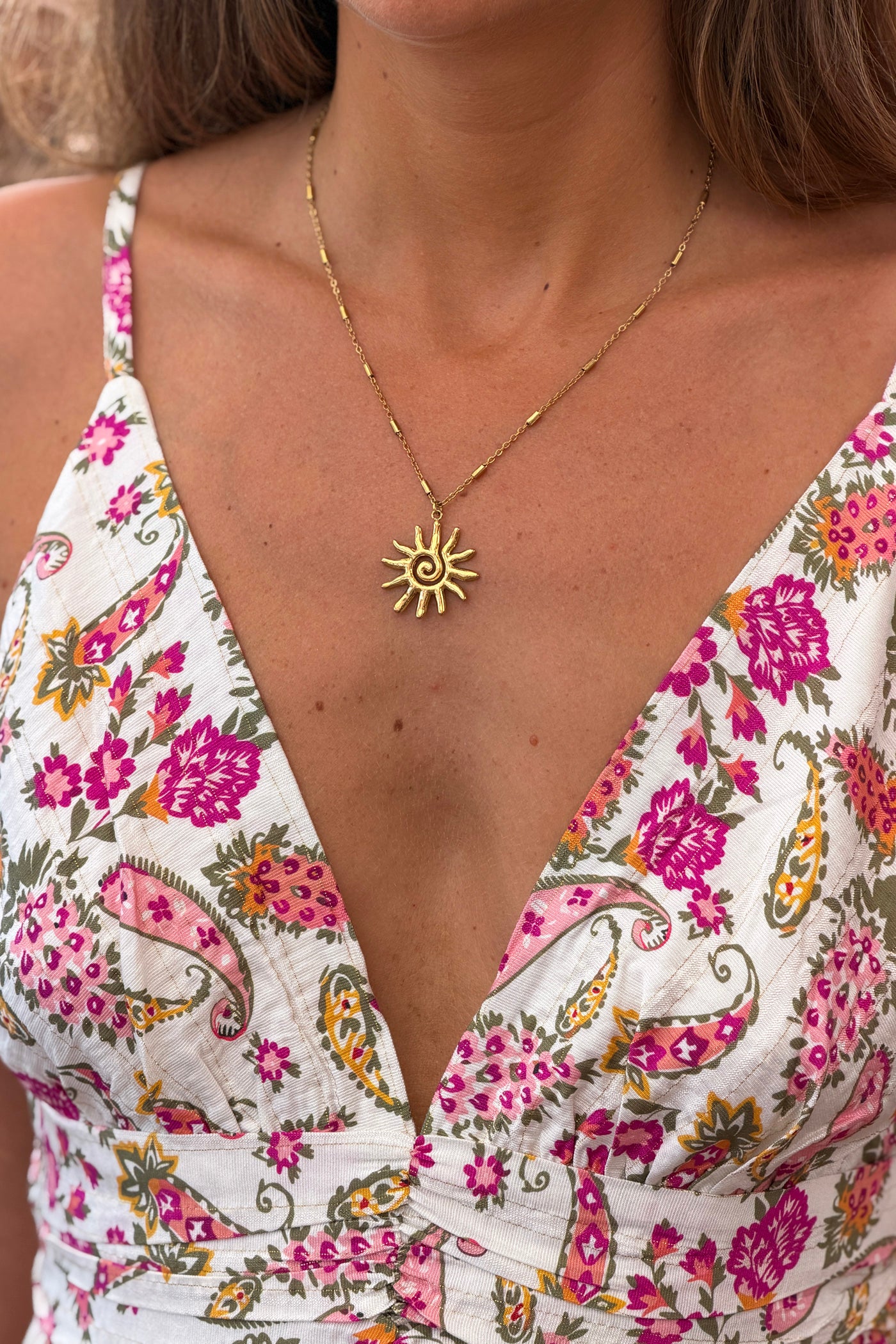 Golden Spiral Sun Pendant Necklace