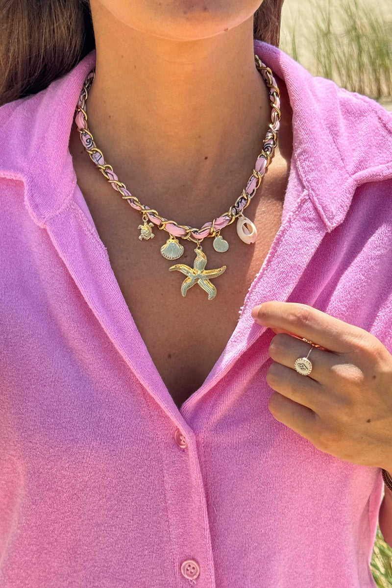 Pink Starfish Goldtone Charms Woven Chain Necklace