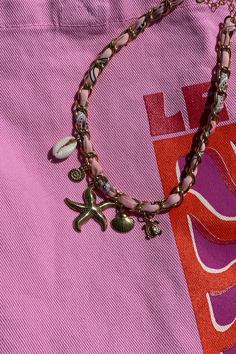 Pink Starfish Goldtone Charms Woven Chain Necklace