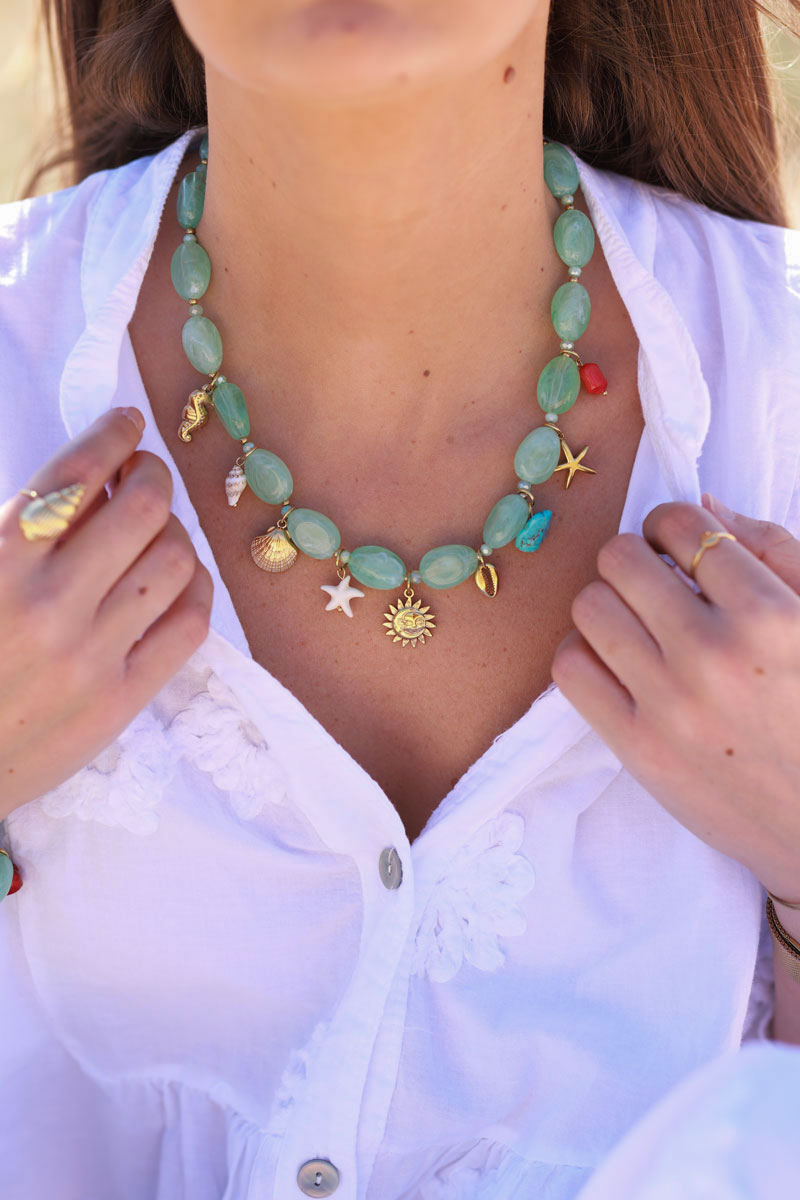 Jade Glass and Sea Charms Necklace