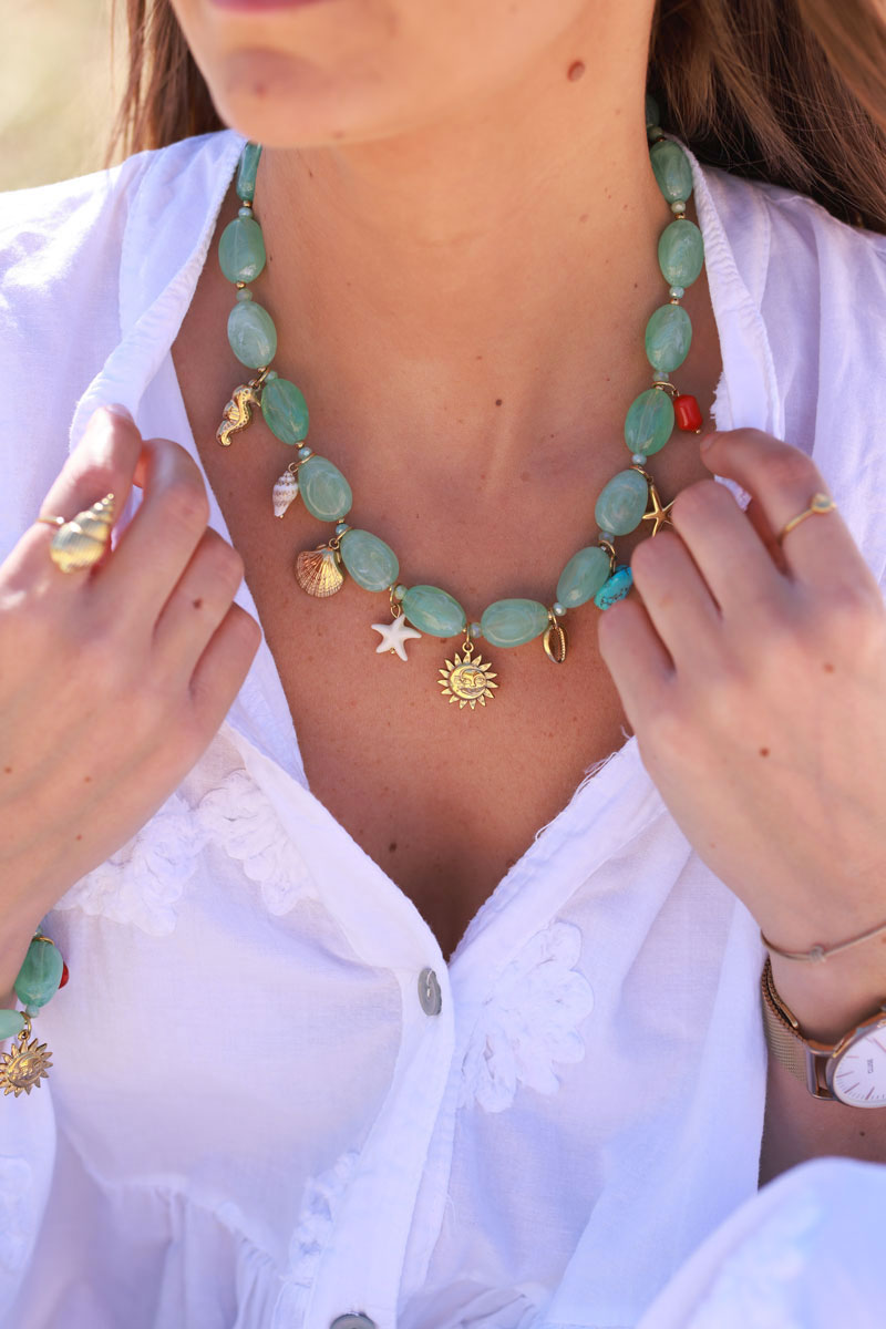 Jade Glass and Sea Charms Necklace