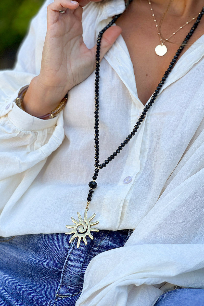 Black Bead and Golden Spiral Sun Necklace